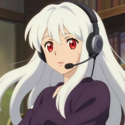 anime film still portrait of a japanese young woman, large, red eyes, long white hair wearing a headset in her room interior, detailed facial features, dynamic pose, cute face by ilya kuvshinov, makoto shinkai studio ghibli, anime poster, rimlight, cel shaded, 4 k