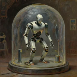 robot being reanimated inside a dome - shaped control center, evil lair, pj crook, grant wood, oil on canvas
