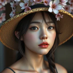 a candid portrait of a a female wearing a hat with sakura on top, summer bloom, au naturel, hyper detailed, digital art, trending in artstation, cinematic lighting, studio quality, smooth render, unreal engine 5 rendered, octane rendered, art style by klimt and nixeu and ian sprigger and wlop and krenz cushart