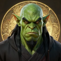 centralized head - on character portrait, green - skin angry handsome orc monk with black hair, dark hood, alphonse mucha, rhads, ross tran, artstation, artgerm, octane render, 1 6 k