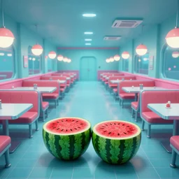 2 0 1 2 watermelon diner, tables repeat endlessly into the horizon, y 2 k cybercore cutecore fruitcore, one point perspective, scene from a kiyoshi kurosawa movie