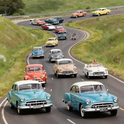 a bunch of cars from the 1 9 5 0's and 1 9 6 0's, various colors and models, driving on a winding road, commercial art
