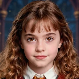 photo portrait 1 5 - year old girl with lush brown hair, hermione granger, magic background, bright piercing brown eyes, hyper realistic face, beautiful eyes, by mario testino