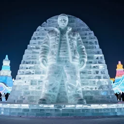 dramatic photo, full body statue of rapper'ice cube'carved out of ice at harbin ice festival, full body, wide angle photo, award winning