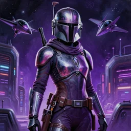painting of the figure of a woman in a futuristic space town, mandalorian, traveler, bounty hunter, hightech, planet and stars, neon, photorealism, jet fighter, high contrast, concept art, fully colored, purple filter, neon, dramatic lighting, digital art, 8 k, arkham city, call of cthulhu, extremely detailed, drawn by ruan jia