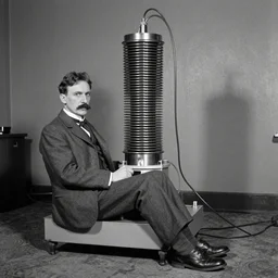 nikola tesla sitting under a tesla coil, 1960s photography.