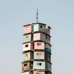 a tower made up of makeshift squatter shacks with pastel colours, mamiya, 8 5 mm, f 1. 7, uniform plain sky, fine details, photographed by bruno barbey
