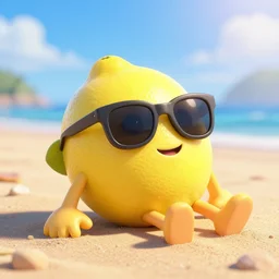 3d Pixar render of a lemon with arms and legs relaxing on the beach sand wearing sunglasses, dramatic, sunny