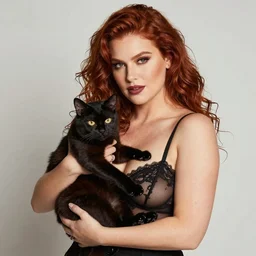 photograph seductive curvy redhead holding a demon cat