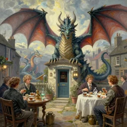 dragwads, british dragons, ultraterrestrial dragons, english dragons drinking tea and gin at the local pub, subsurface scattering, soft colors, don't look out the front door no matter what you do, drawn by norman rockwell, thomas kinkade, greg rutkowski, artgerm