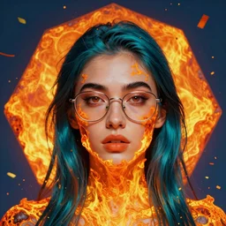 portrait of beautiful female made of bright orange and yellow magma and fire with dark turquoise hair with black, prominent brow, silver frame glasses, confetti in the sky on a hexagon shape, art by j scott campbell, vfx, sharp details