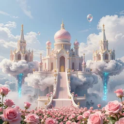 an epic cg matte painting, expansive view three gorgeous palaces on the clouds, several waterfulls drops from the clouds, a sea of pink roses, by zeen chinhigh - definition picture, unreal engine, trending onset station - - height 1 0 2 4