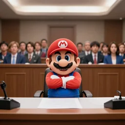 film still of super mario!!! with his arms crossed!!! sitting at a courtroom desk testifying in court | a crowd of people sitting behind him in the new sci - fi movie
