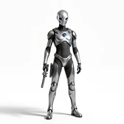 silver-haired martian with ray gun, cinematic studio photo, full body, standing, isolated on a pure white background, centered, whole figure in frame, sharp focus, studio lighting