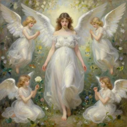 eve in a garden of life, angels, oil painting, pale colors, high detail, 8 k, wide angle, trending on artstation