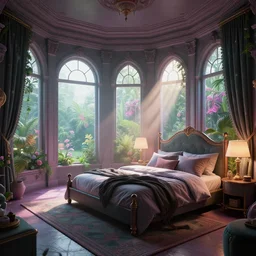 vaporwave bedroom, beautiful detail, mansion, liminal space, high detail, rendered in unreal engine, 3d render, god rays, volumetric lighting, mansion, interior, large windows, vegetation