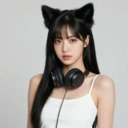 realistic beautiful gorgeous natural cute Blackpink Lalisa Manoban black hair fur black cat ears, wearing white camisole summer outfit, headphones, black leather choker artwork drawn full HD 4K highest quality in artstyle by professional artists WLOP, Aztodio, Taejune Kim, Guweiz on Pixiv Instagram Artstation