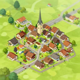 small swiss town, very beautiful, isometric!!! perspective, comfy, artstation, high quality