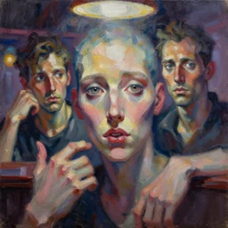 highly detailed expressionist oil painting of cyberpunk bar, detailed faces, expressive, impasto, pastel shades, rough canvas textured, dynamic pose, top lighting, loose brush strokes, perfect face, hyper detailed face, digital painting, artstation, concept art, hyper detailed eyes, art by sam spratt and peter mohrbacher and james jean