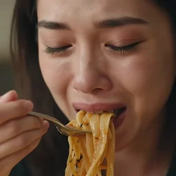 a macro shot photo of trisha paytas crying while eating pasta, 8k, DSLR, highly detailed skin, highly detailed hands