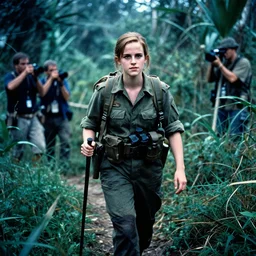 film still, portrait, emma watson soldier hiking through dense vietnam, associated press, paparazzi, award winning, film still from apocalypse now ( 1 9 7 9 ), 2 6 mm, kodak ektachrome, blue tint ektachrome film,