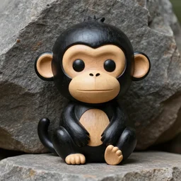cute monkey cartoon character, sculpted in very hard black wood, rock