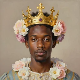 rococo portrait of a black prince wearing a golden crown with pastel flowers, symmetrical, realistic, 8 k, artstation, digital painting, art by krenz cushart, kehinde wiley, artgem