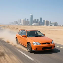 photograph of a cell-shaded orange itasha Honda EK9 Type-R, speeding on a desert road with a futuristic city in the horizon, kicking up dirt, action shot, one point perspective, 1-point perspective, tilt shift, sigma 85mm f/1.4, 4k, depth of field, high resolution, 4k, 8k, hd, full color