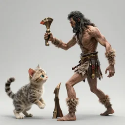 highly detailed fantasy art of a weak and skinny conan the barbarian fighting a malnourished kitten