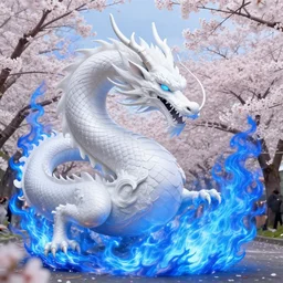 luxurious white viking dragon destroying the dotonbori during sakura season with intense destructive royal blue fire, by greg rutkowski, james jean, peter mohrbacher, rule of thirds, sigma look, beautiful, intricate, majestic, award winning