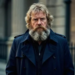 christopher lloyd with a scruffy long beard in a dark blue trenchcoat, cinematic, volumetric lighting, f 6 aperture, cinematic eastman 5 3 8 4 film, photorealistic