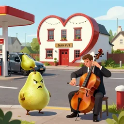 A man is playing a cello in front of a heart-shaped Irish pub. An angry anthropomorphic pear is seen filling up its car at a gas station a bit further down the road, digital art