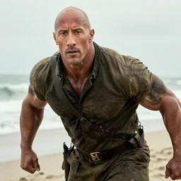 A closeup of Dwayne The Rock Johnson storming the beaches of Normandy, Saving Private ryan