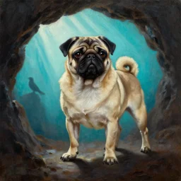 muscular pug dog  with backlight , sun rays , big shadows, small bird sihouettes  in cyan background , very textured detailed  oil painting by rembrandt , hard backlight , in dark cave