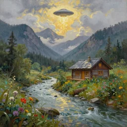 fantasy oil painting, close - up of a river running past a cozy cabin in the mountains, heavy rain, epic, natural light, lush plants flowers, spectacular mountains, bright clouds, ufo, luminous sky, outer worlds, golden daple lite, craig mullins, michael cheval vray, 8 k hd