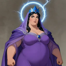 portrait of mighty plump female sorceress, blue tiara, purple robe and veil, lightning halo, strong line, muted color, beautiful! coherent! by frank frazetta, by boris vallejo