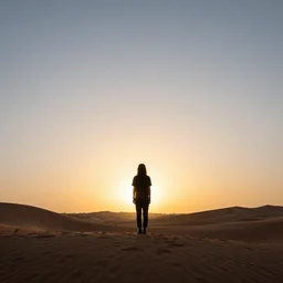 a silhouette of a single person standing alone in the desert with the sunset and sand dunes behind them