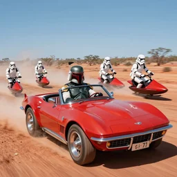 boba fett driving a red 1 9 6 7 stingray convertible through the australian outback with stormtroopers chasing on speeder bikes, star wars production art by ralph mcquarrie, 1 9 7 7