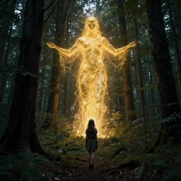 a young girl lost in the woods encounters a gigantic glowing golden manifestation of the spirit of the forest at night. Jordan Grimmer. Geoffroy Thoorens.