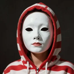 portrait of a person, face covered with white featureless mask, wears red and white stripes hoddie