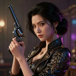 kind beautiful woman with a vintage revolver, hyper detailed, volumetric lights, colorful palette, masterpiece, ornate dark, suehiro moaruo, katsuhiro otomo, shintaro kago, cgsociety, octane render, ambient light