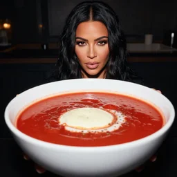 kim kardashian in a bowl of tomato soup, photorealism, dynamic lighting, depth of field