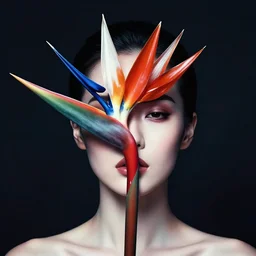 portrait of beautiful woman with bird of paradise flower covering her face, art by marco mazzoni, dark background, asymmetrical, colors red white blue and black