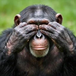 a chimp covering his eyes with his hands