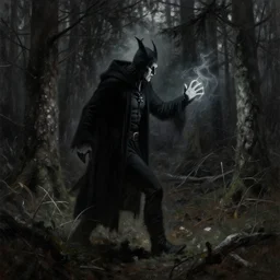 Warlock walking in dark spruce woods and casting a spell with his hand. Chiaroscuro oil painting.
