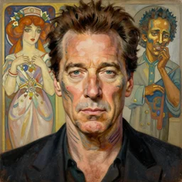 portrait of christopher walken with an face tattoo, masterpiece painting by artgerm and greg rutkowski and alphonse mucha and android jones