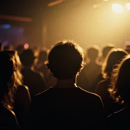 a 2 8 mm macro photo from the back of a crowd at a nightclub in silhouette in the 1 9 7 0 s, bokeh, canon 5 0 mm, cinematic lighting, dramatic, film, photography, golden hour, depth of field, award - winning, 3 5 mm film grain