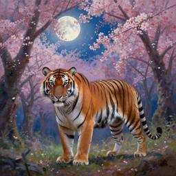 a beautiful painting of a tiger in a cherry blossom forest, volumetric lighting, moonlit by greg rutkowski and kalin popov, trending on artstation, masterpiece,