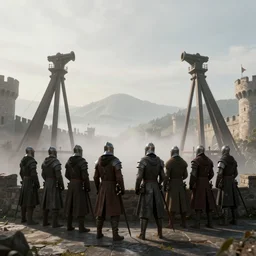 ten medieval soldiers atop a castle wall looking at two trebuchets. it is a quiet morning. mist, epic, cinematic, volumetric lighting, symmetry, fantasy style, highly - detailed, unreal 5, realism