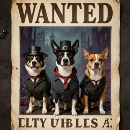 a ragtag team of 3 dogs dressed like criminals in a haunted city in the style of a vintage wanted poster